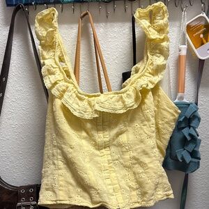 Yellow Eyelet Ruffle Strap Blouse